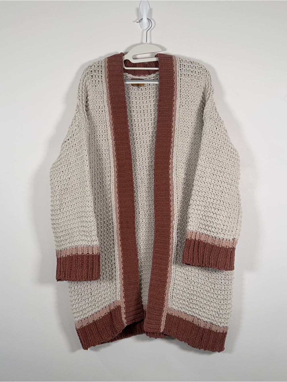 POL Beige Open-Front Cardigan with Rust Trim
